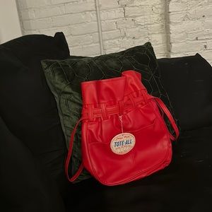 Red drawstring vintage tote bag